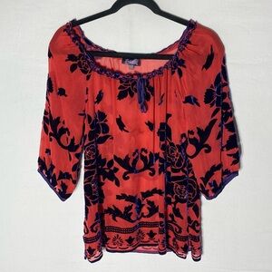 Vintage Hale Bob Semi Sheer Red and Navy Blue Beaded Velvet Silk Boho Blouse S